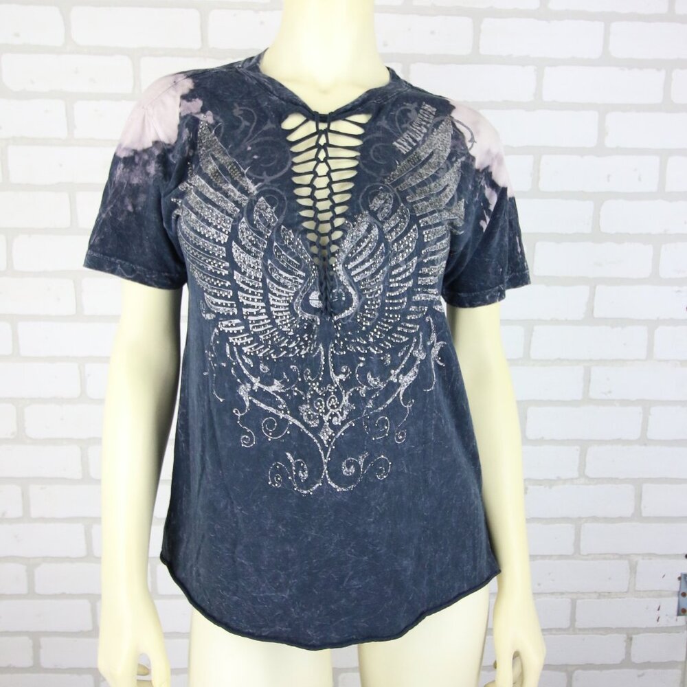 Affliction Womens T-Shirt Medium Embellished Wings Graphic Woven Cutout Grey Y2K